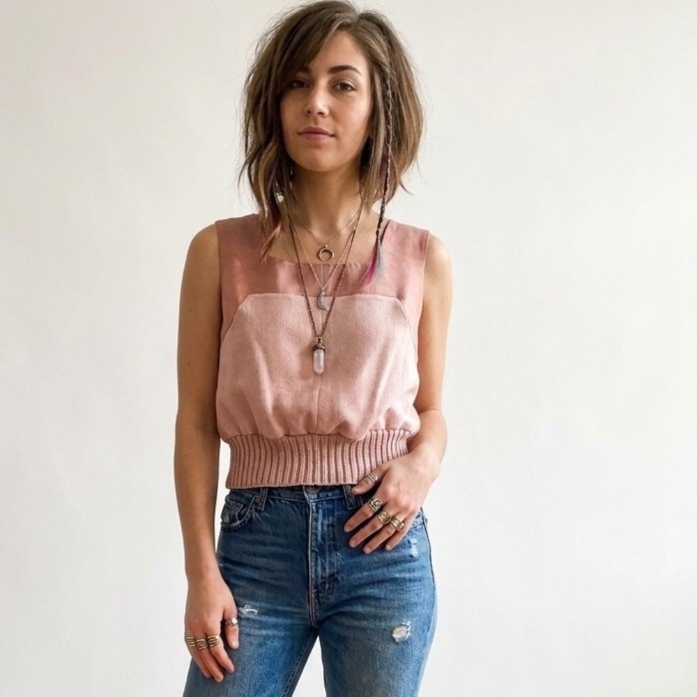 Vintage 80s Blouse Small Sleeveless Square Neck Pink Satin Trim Crop Top Pastel